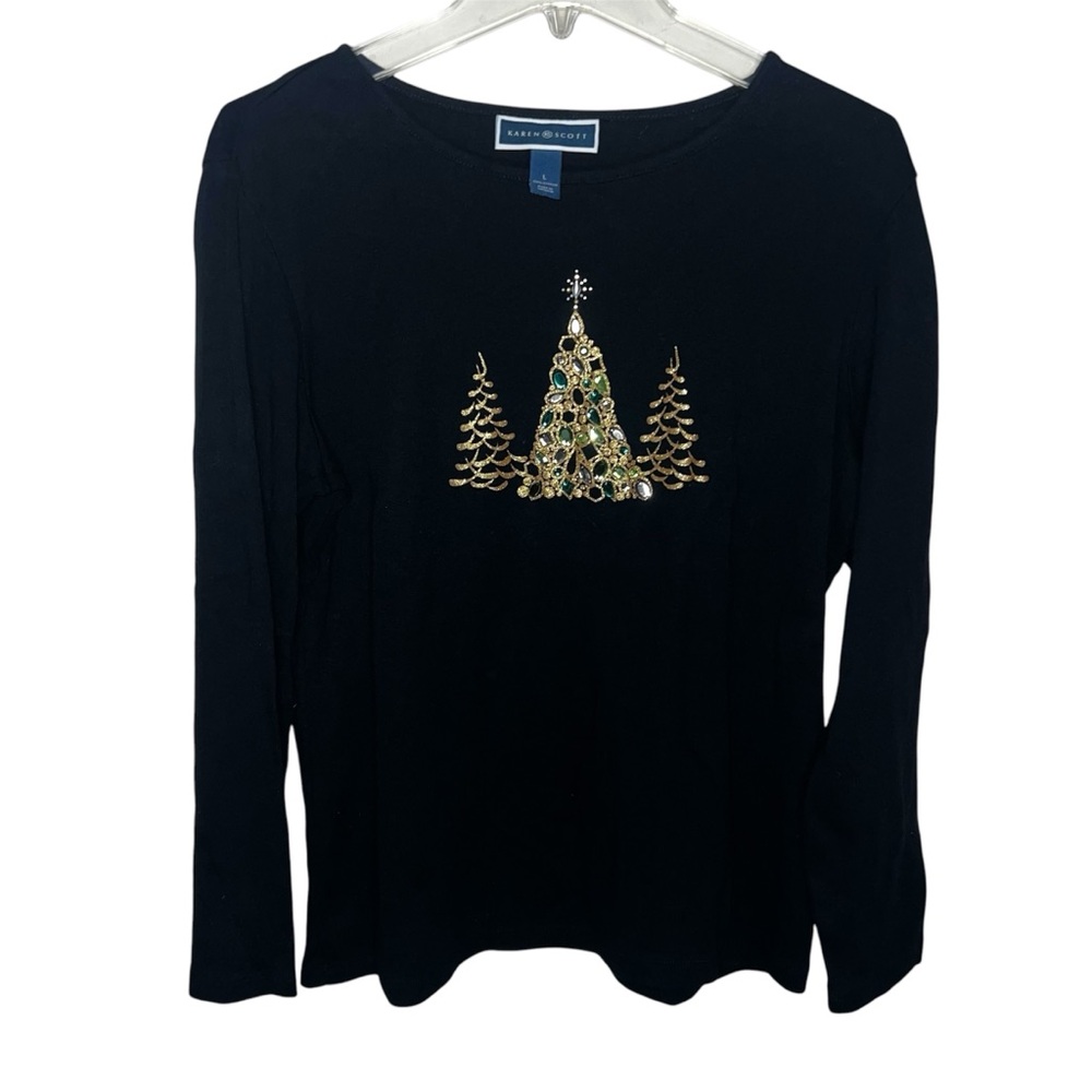 Karen Scott Black Long Sleeve Tee with Festive Embellishments